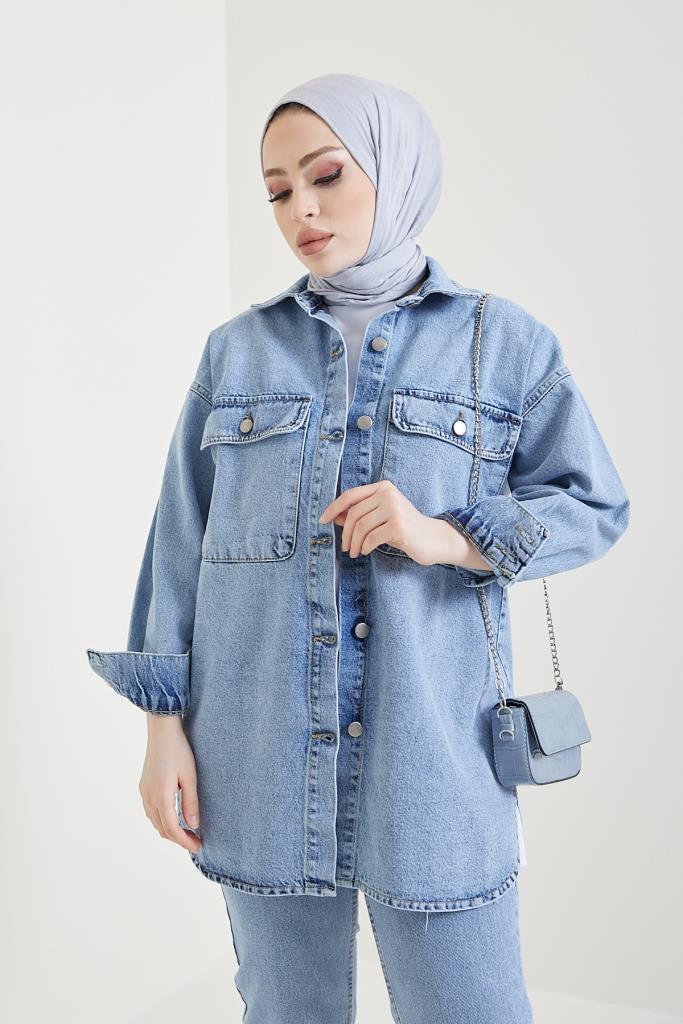 BNG Women Jacket Pants Hijab Two-Piece Denim Suit Blue - Clermont