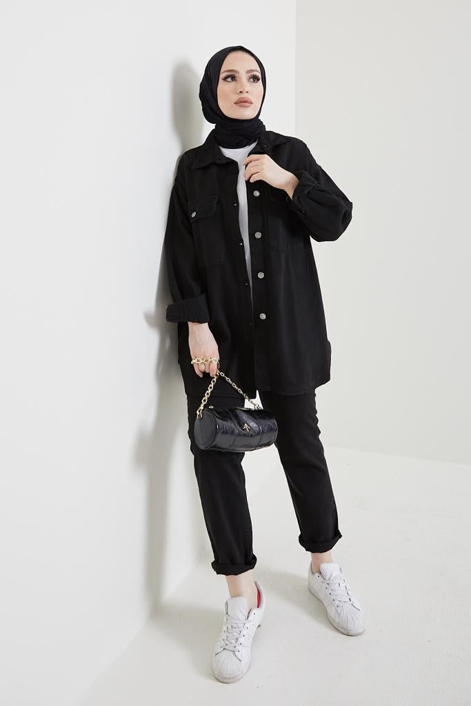 BNG Women Jacket Pants Hijab Two-Piece Denim Suit Black - Clermont