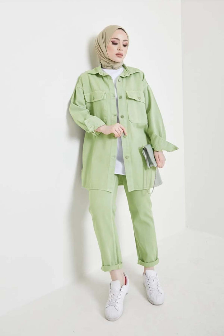 BNG Women Jacket Trousers Hijab Two-Piece Denim Suit Water Green 8175 - Cantù