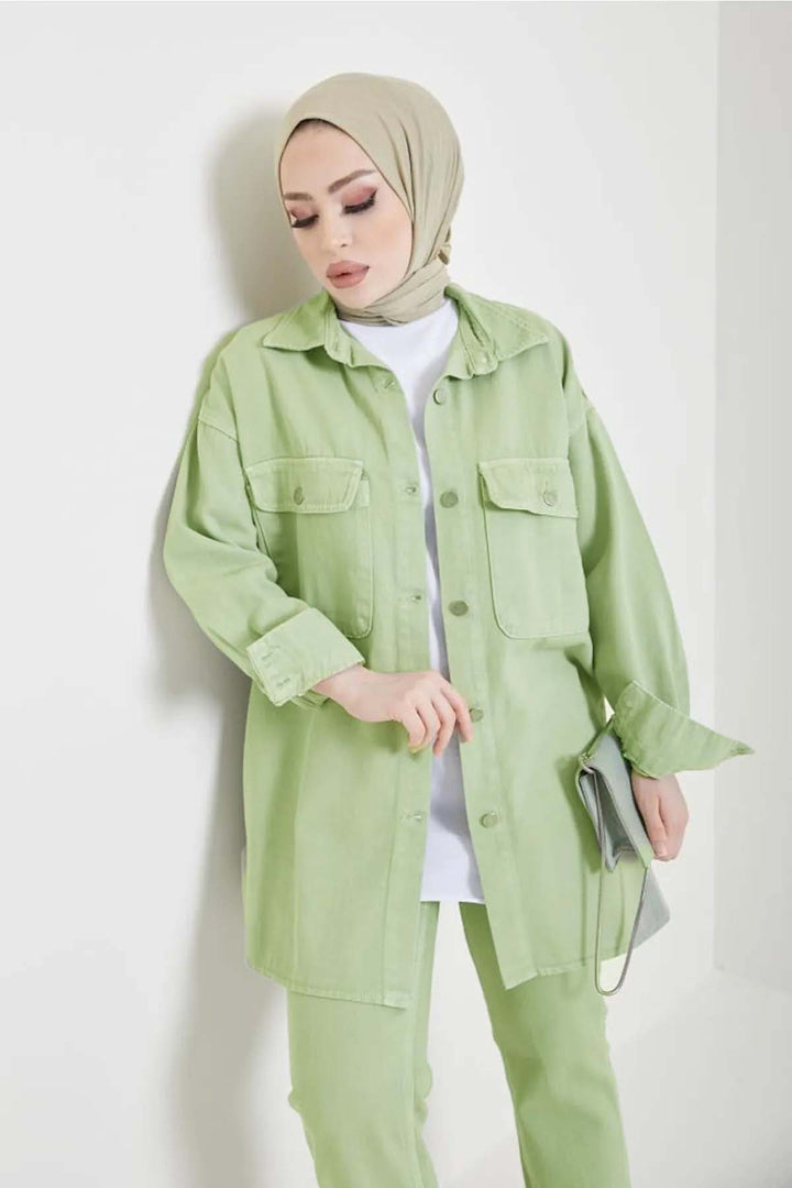 BNG Women Jacket Trousers Hijab Two-Piece Denim Suit Water Green 8175 - Cantù