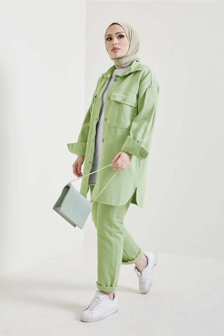 BNG Women Jacket Trousers Hijab Two-Piece Denim Suit Water Green 8175 - Cantù