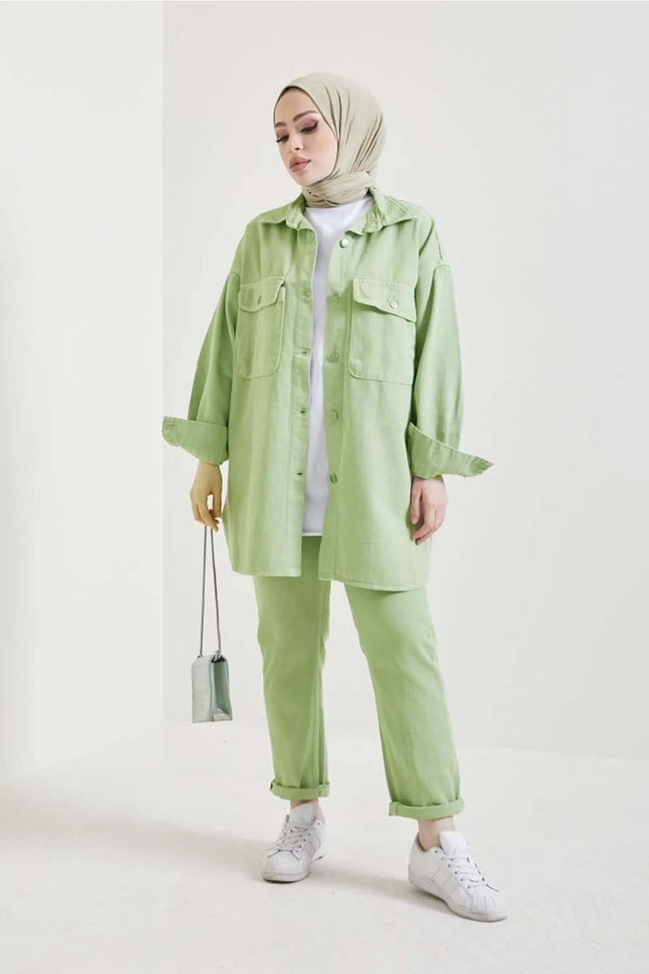 BNG Women Jacket Trousers Hijab Two-Piece Denim Suit Water Green 8175 - Cantù