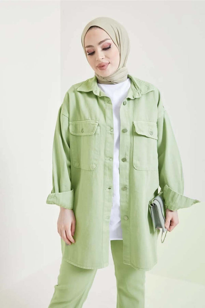 BNG Women Jacket Trousers Hijab Two-Piece Denim Suit Water Green 8175 - Cantù