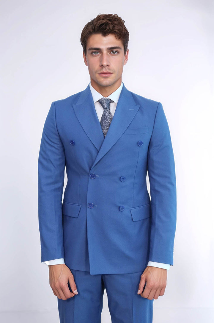 WSS Wide Peak Lapel Striped Slim Fit Blue Men Double-Breasted Suit  - Torrington