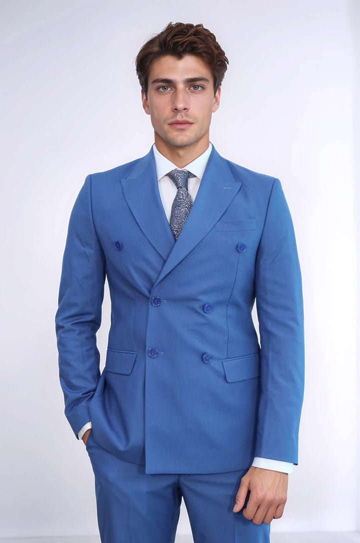 WSS Wide Peak Lapel Striped Slim Fit Blue Men Double-Breasted Suit  - Torrington