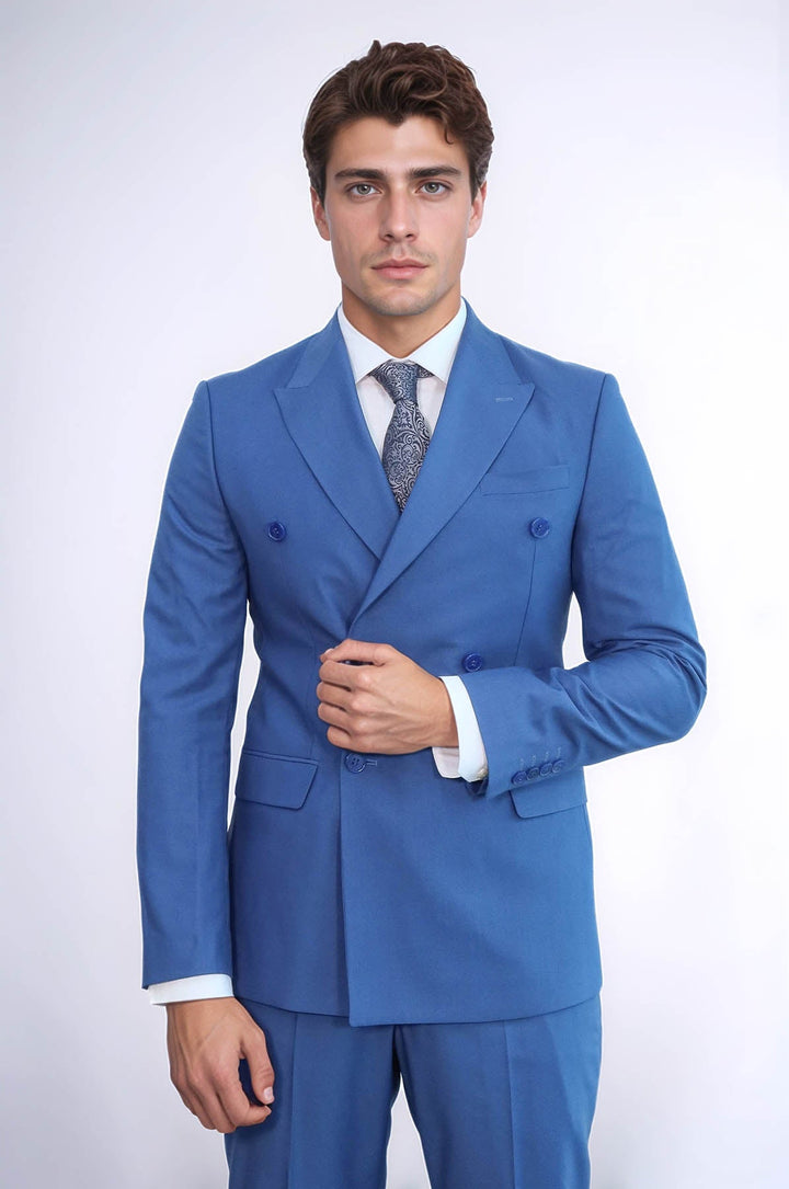 WSS Wide Peak Lapel Striped Slim Fit Blue Men Double-Breasted Suit  - Torrington