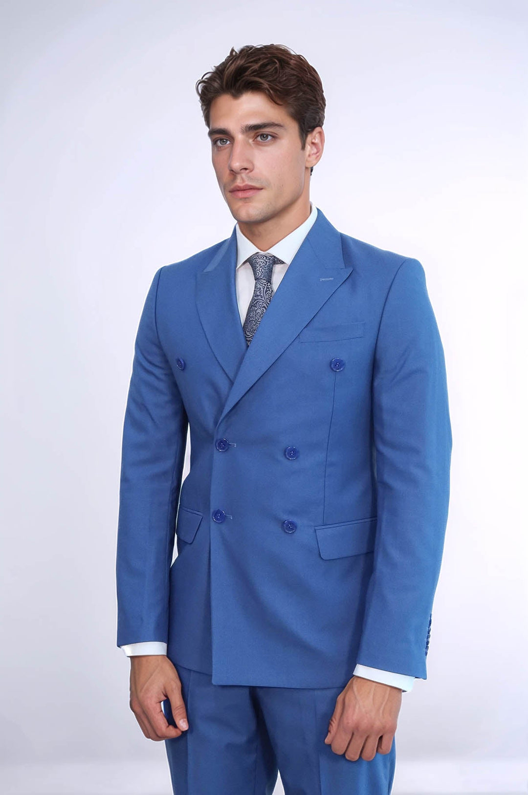WSS Wide Peak Lapel Striped Slim Fit Blue Men Double-Breasted Suit  - Torrington
