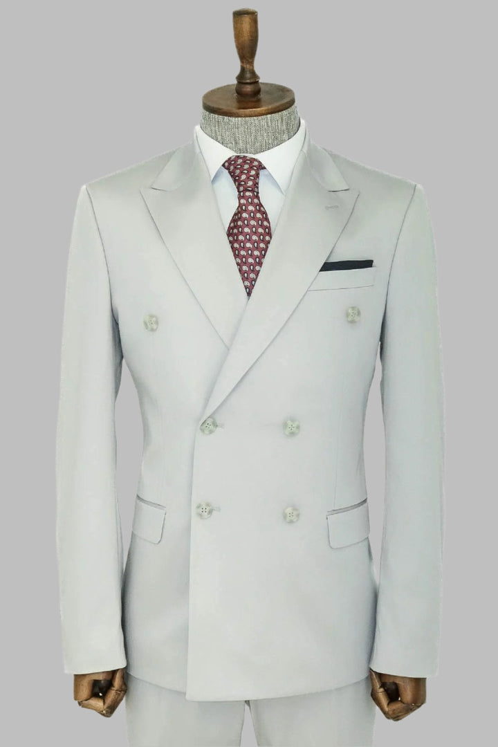 WSS Wide Peak Lapel Slim Fit Light Gray Men Double-Breasted Suit  - South Brunswick
