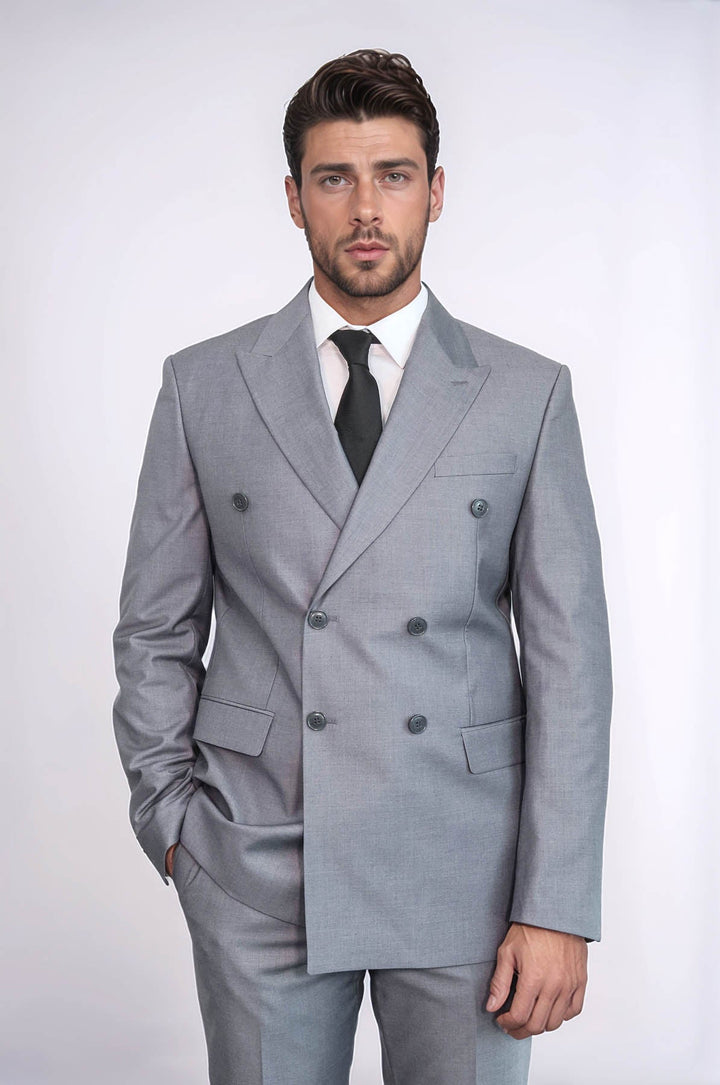 WSS Wide Peak Lapel Striped Slim Fit Gray Men Double-Breasted Suit  - Datteln