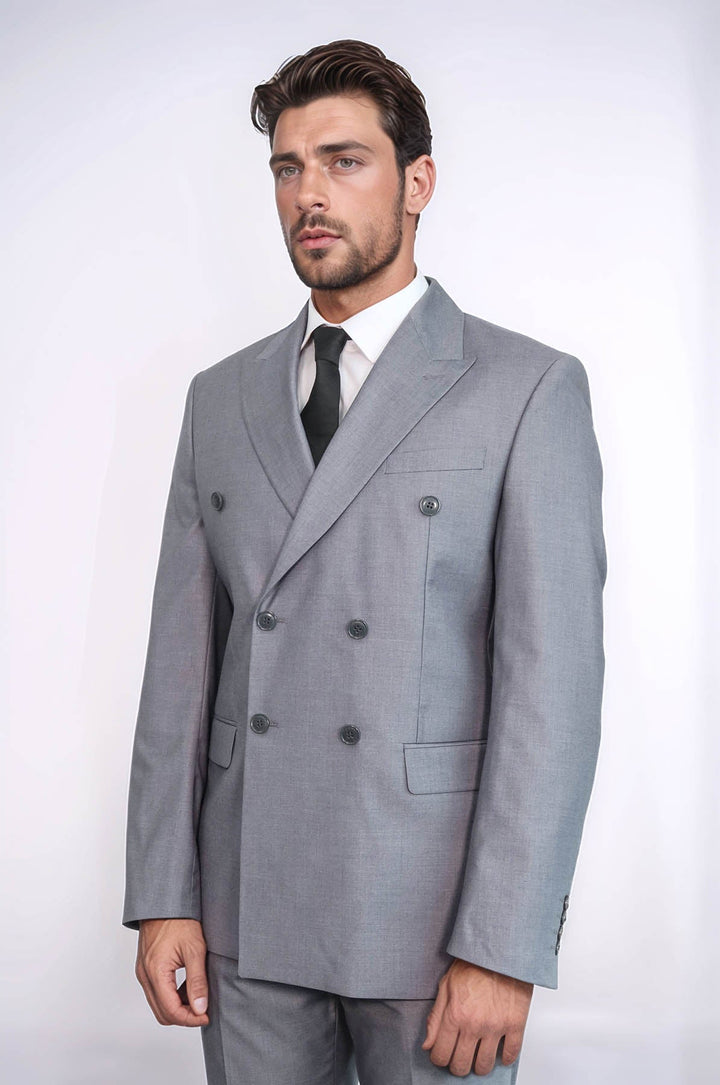 WSS Wide Peak Lapel Striped Slim Fit Gray Men Double-Breasted Suit  - Datteln