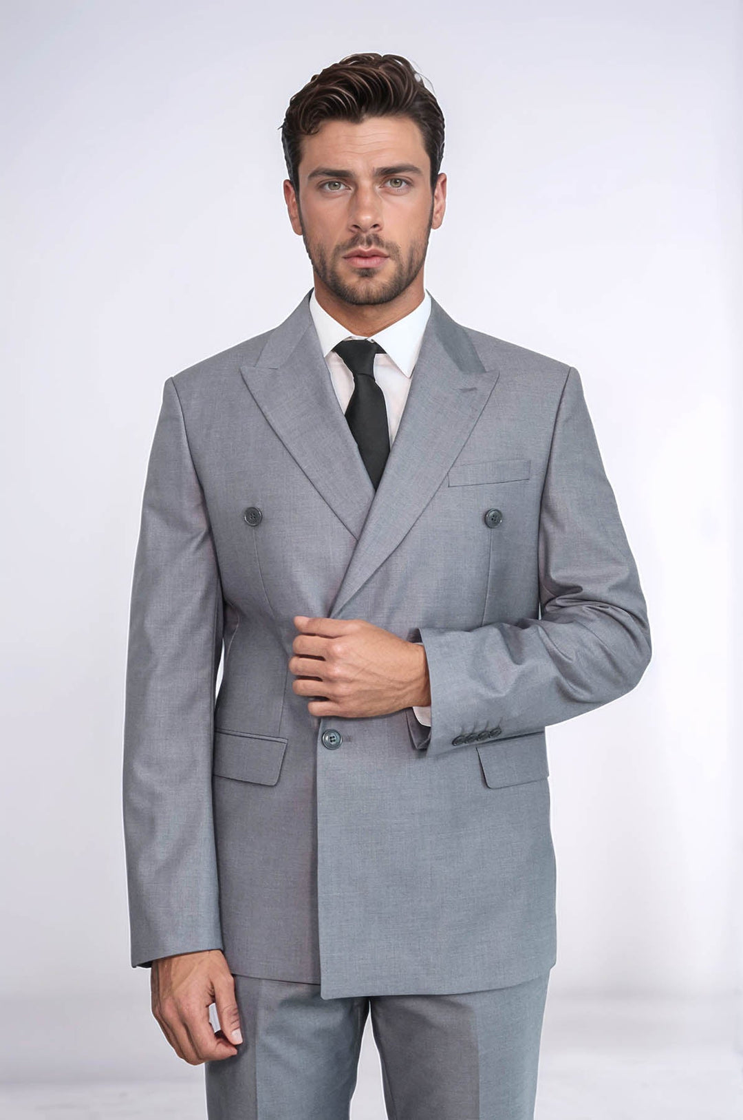 WSS Wide Peak Lapel Striped Slim Fit Gray Men Double-Breasted Suit  - Datteln