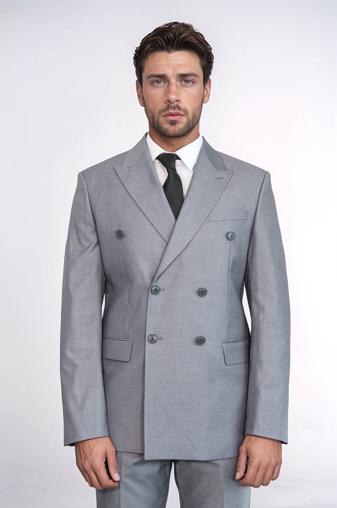 WSS Wide Peak Lapel Striped Slim Fit Gray Men Double-Breasted Suit  - Datteln