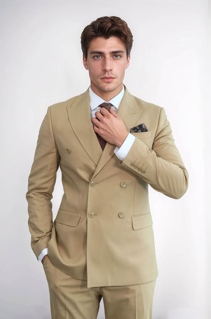 WSS Wide Peak Collar Slim Fit Cream Men Double-Breasted Suit  - Veghel