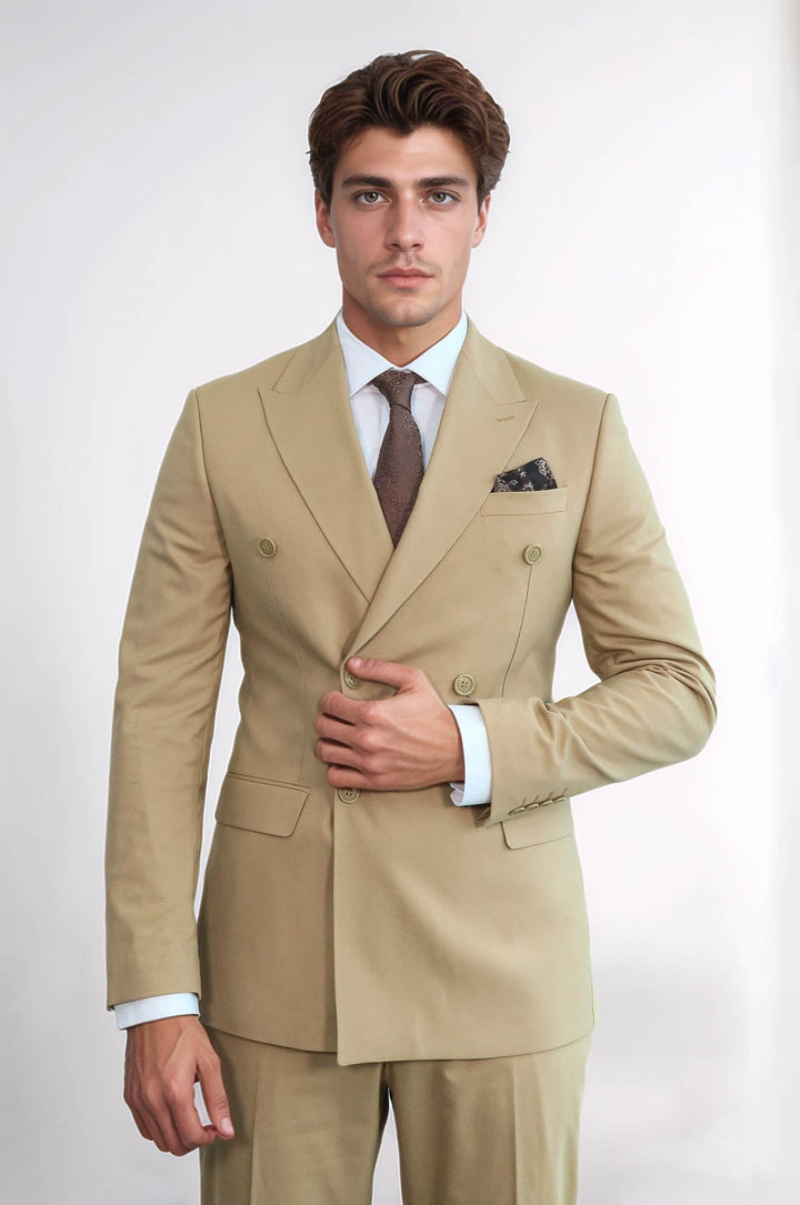WSS Wide Peak Collar Slim Fit Cream Men Double-Breasted Suit  - Veghel