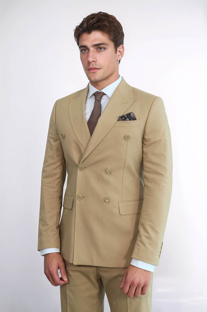 WSS Wide Peak Collar Slim Fit Cream Men Double-Breasted Suit  - Veghel