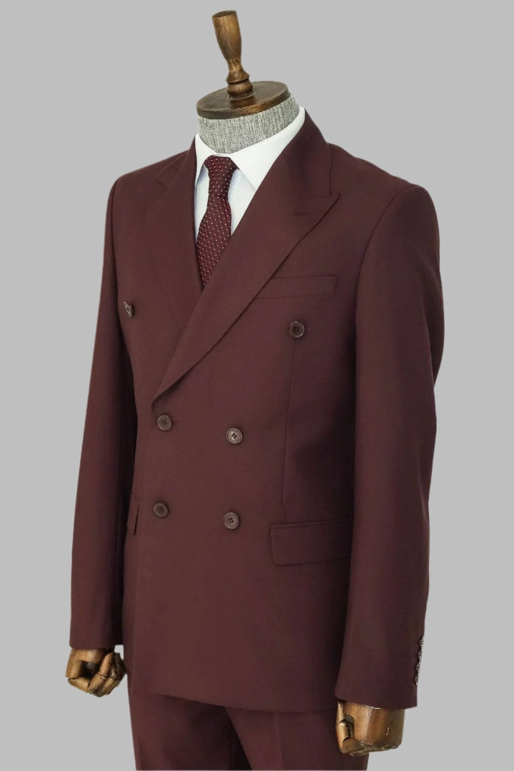 WSS Wide Peak Collar Slim Fit Burgundy Men Double-Breasted Suit  - Antequera