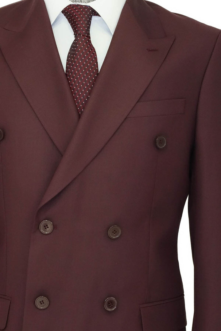 WSS Wide Peak Collar Slim Fit Burgundy Men Double-Breasted Suit  - Antequera