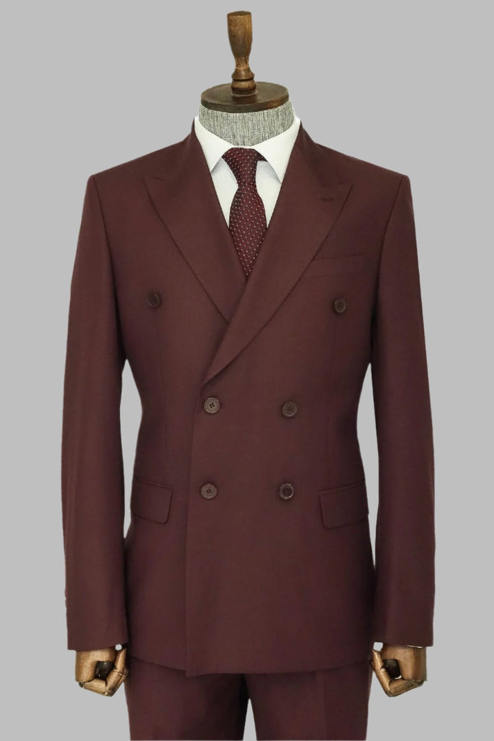 WSS Wide Peak Collar Slim Fit Burgundy Men Double-Breasted Suit  - Antequera