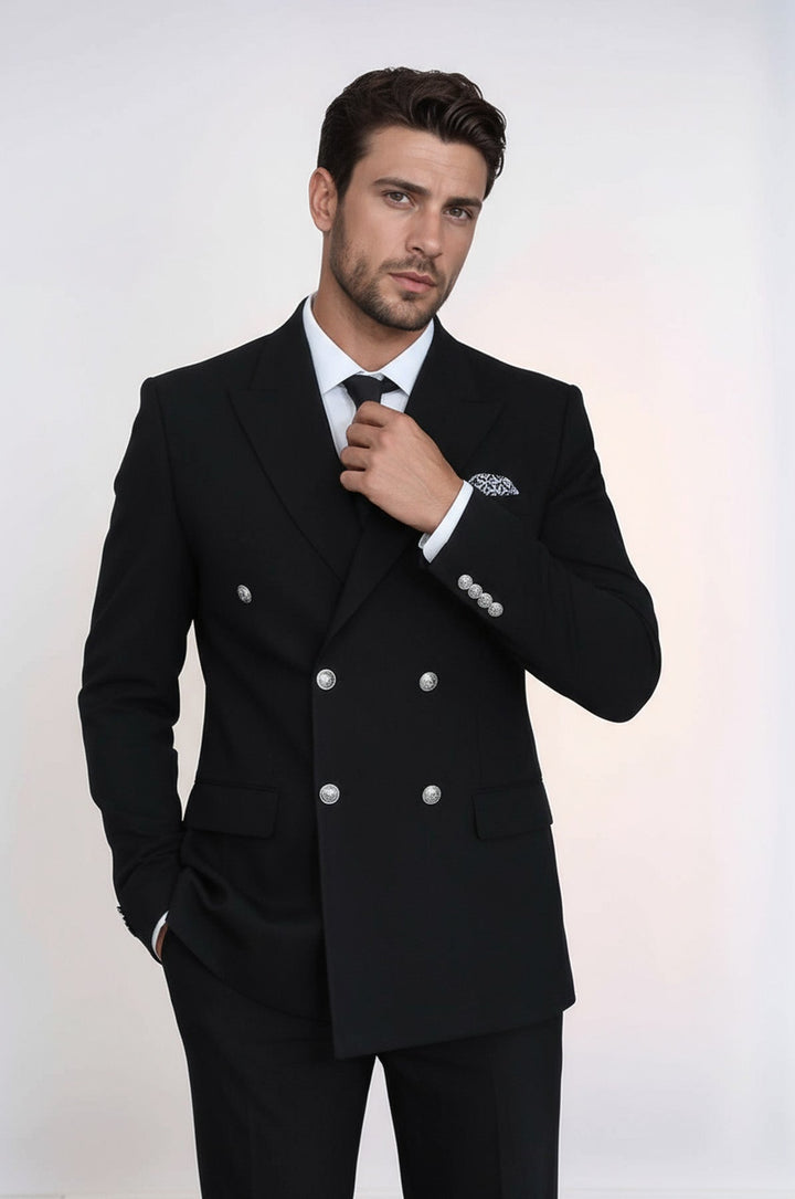 WSS Slim Fit Double-Breasted Black Men’s Suit with Silver-Tone Metal Buttons –  - Kyle