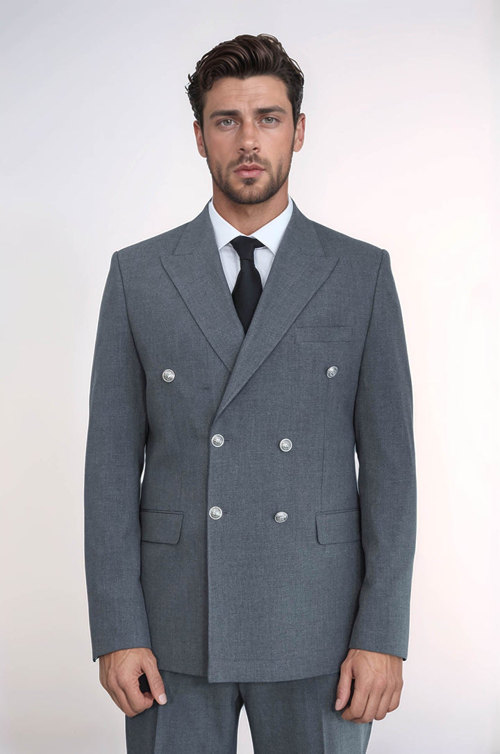 WSS Slim Fit Double-Breasted Grey Men’s Suit with Silver-Tone Metal Buttons –  - Pallíni
