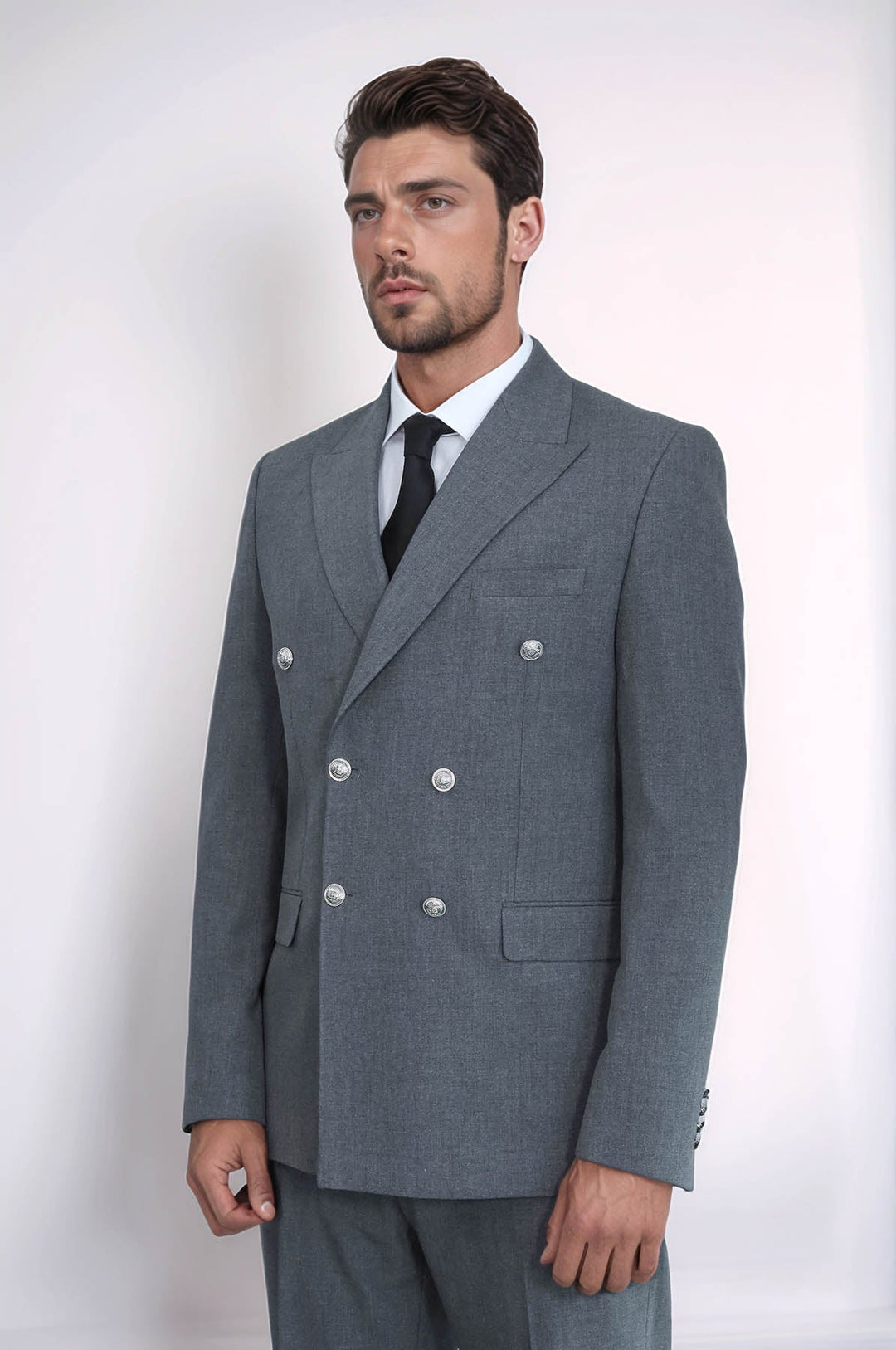 WSS Slim Fit Double-Breasted Grey Men’s Suit with Silver-Tone Metal Buttons –  - Pallíni
