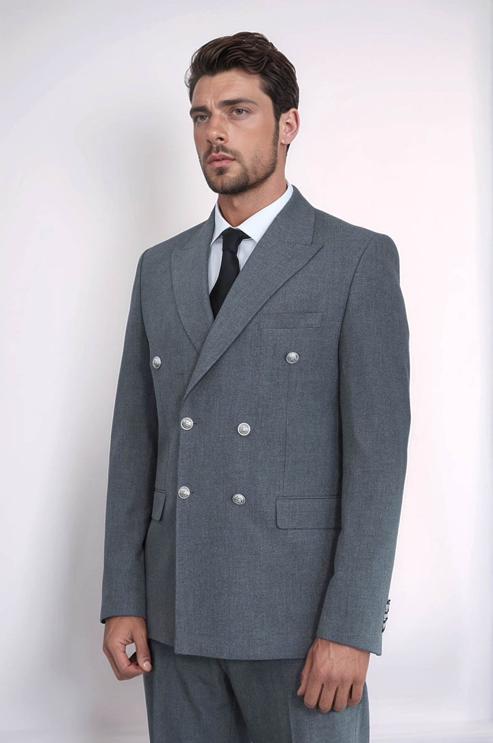 WSS Slim Fit Double-Breasted Grey Men’s Suit with Silver-Tone Metal Buttons –  - Pallíni