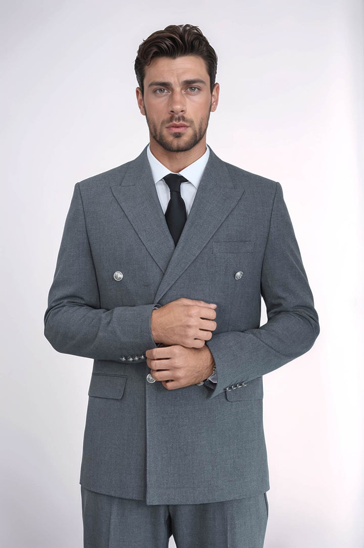 WSS Slim Fit Double-Breasted Grey Men’s Suit with Silver-Tone Metal Buttons –  - Pallíni