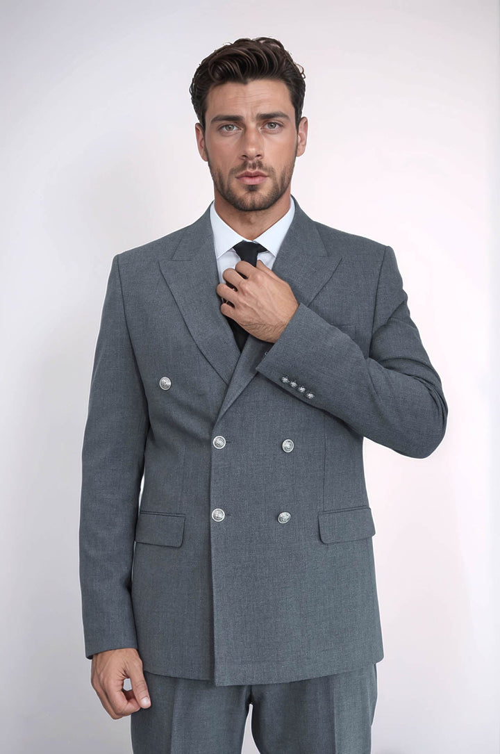 WSS Slim Fit Double-Breasted Grey Men’s Suit with Silver-Tone Metal Buttons –  - Pallíni