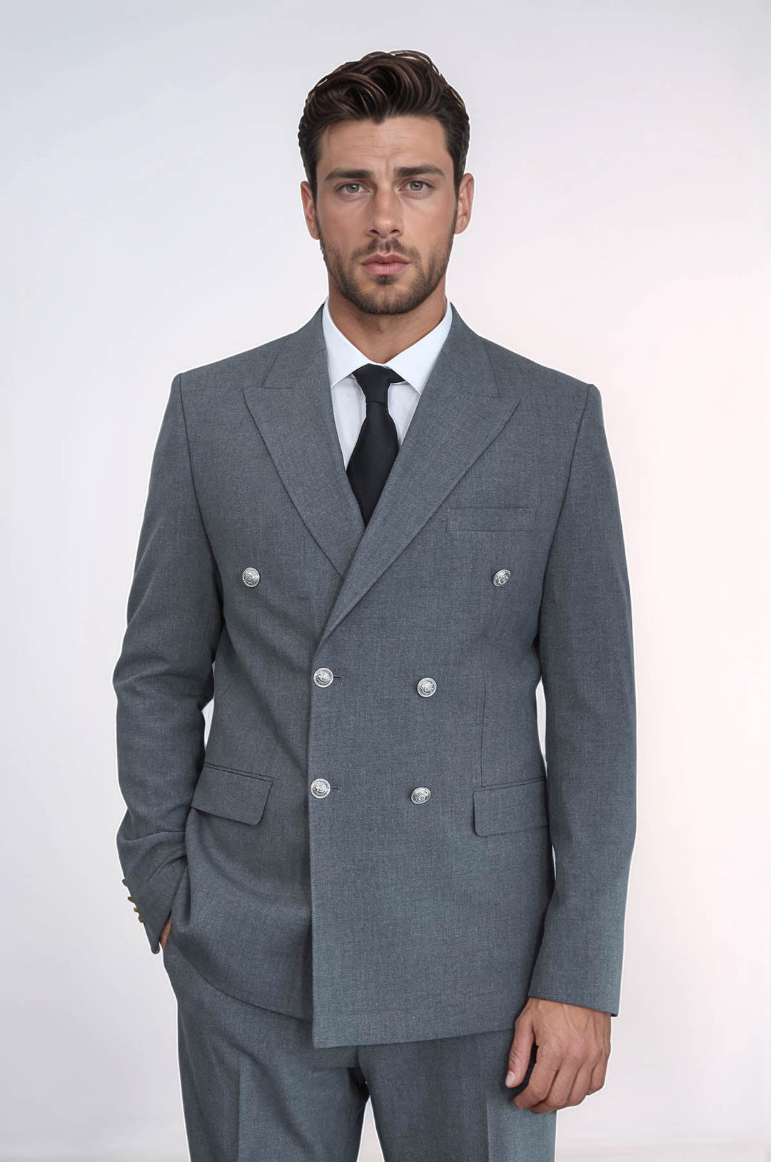 WSS Slim Fit Double-Breasted Grey Men’s Suit with Silver-Tone Metal Buttons –  - Pallíni
