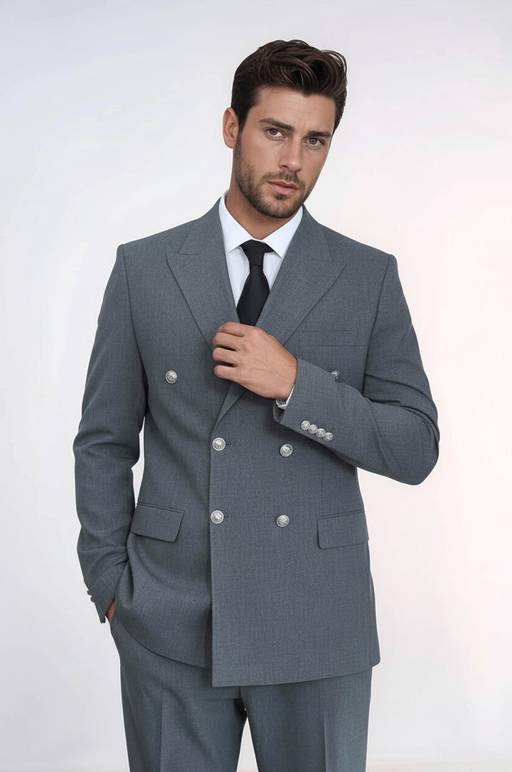 WSS Slim Fit Double-Breasted Grey Men’s Suit with Silver-Tone Metal Buttons –  - Pallíni