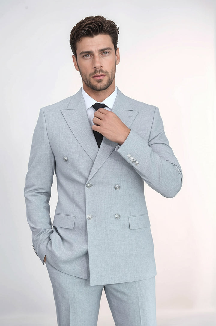 WSS Slim Fit Double-Breasted Anthracite Men’s Suit with Silver-Tone Metal Buttons –  - Houghton le Spring