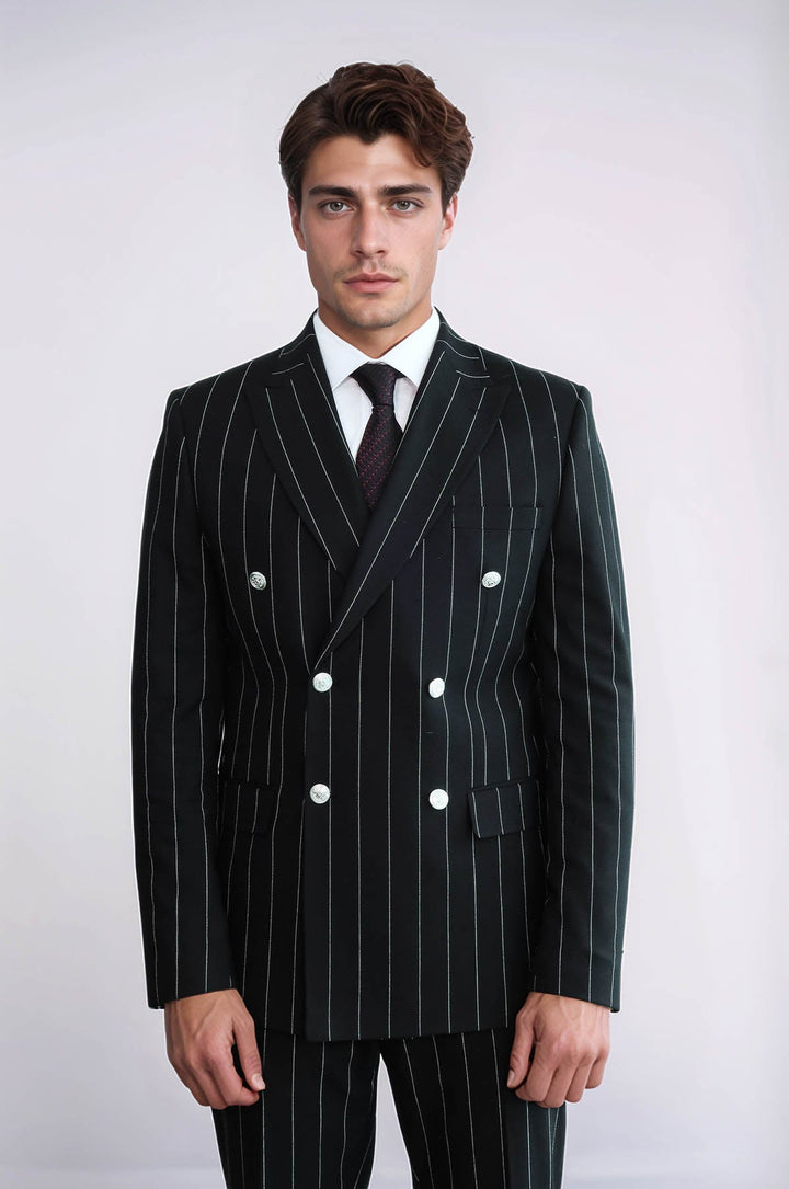 WSS Pinstripe Double Breasted Men’s Black Suit with Silver Button Details  - Alkmaar