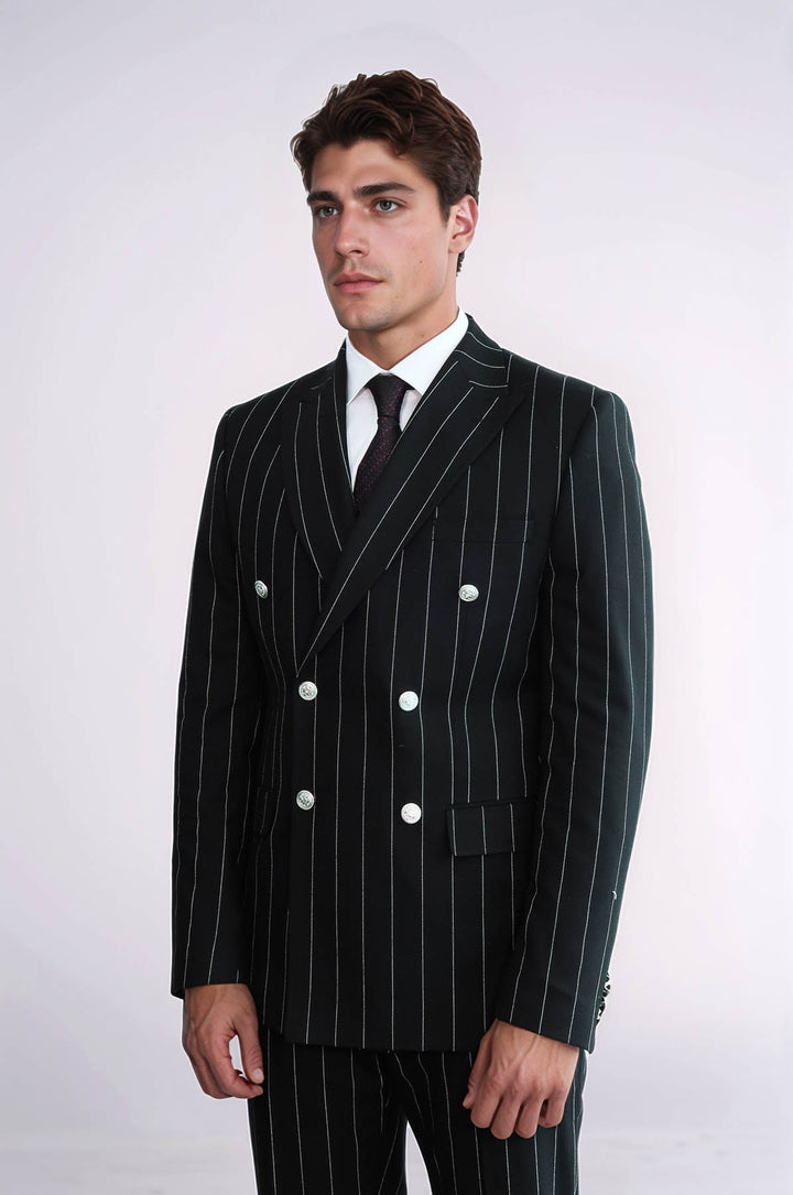 WSS Pinstripe Double Breasted Men’s Black Suit with Silver Button Details  - Alkmaar