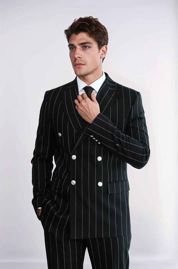 WSS Pinstripe Double Breasted Men’s Black Suit with Silver Button Details  - Alkmaar