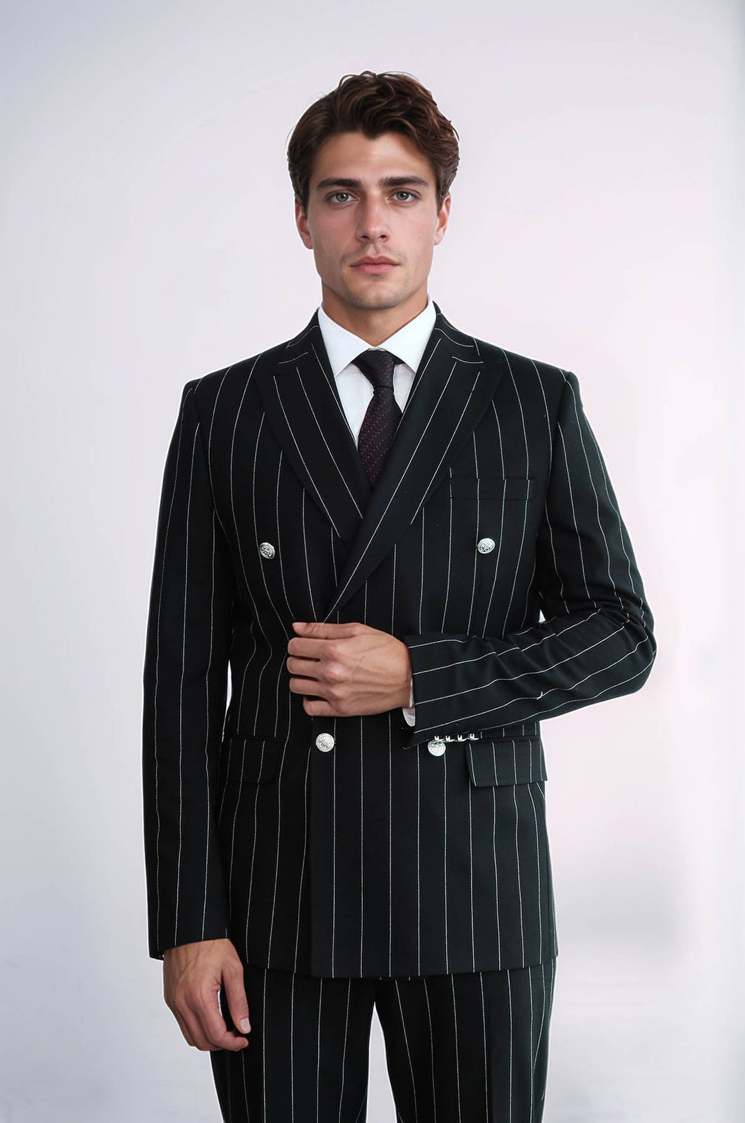 WSS Pinstripe Double Breasted Men’s Black Suit with Silver Button Details  - Alkmaar