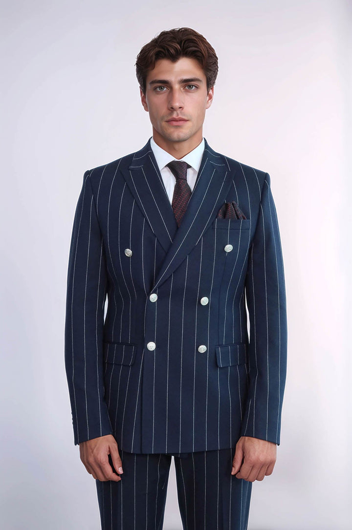 WSS Pinstripe Double Breasted Men’s Navy Blu Suit with Silver Button Details  - Hengelo