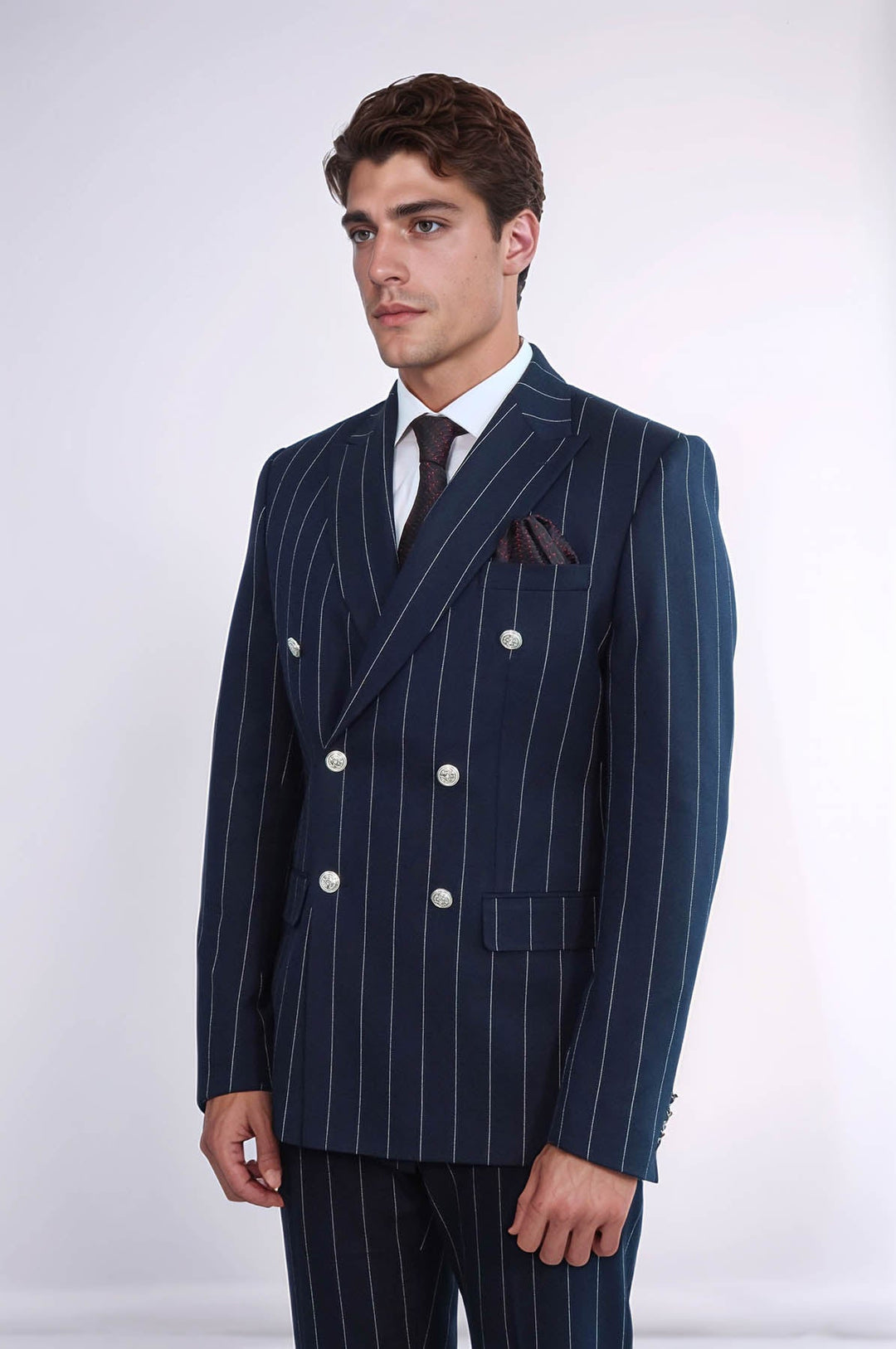 WSS Pinstripe Double Breasted Men’s Navy Blu Suit with Silver Button Details  - Hengelo
