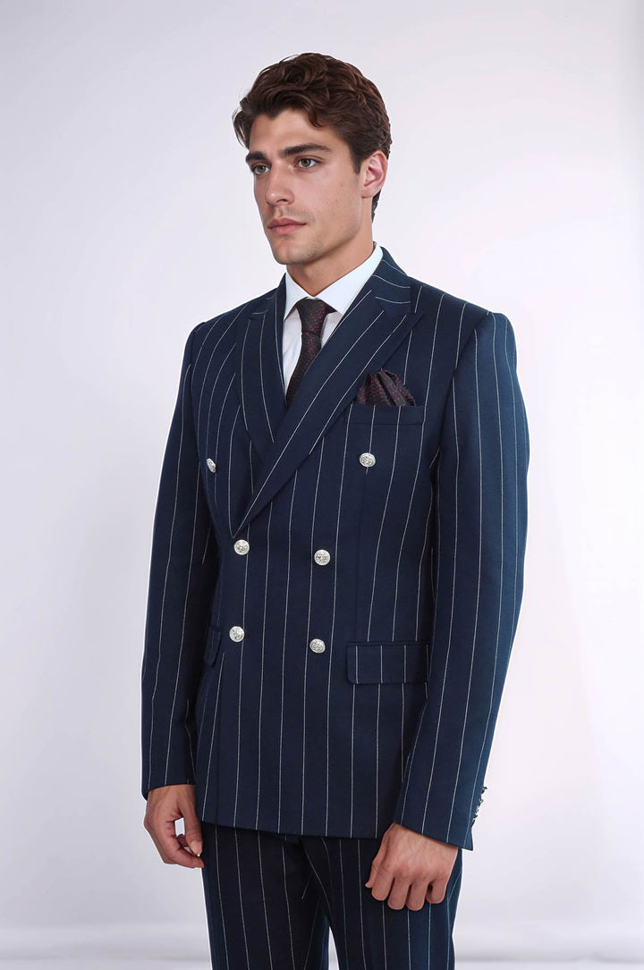 WSS Pinstripe Double Breasted Men’s Navy Blu Suit with Silver Button Details  - Hengelo