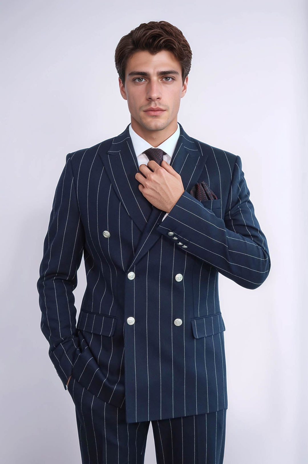 WSS Pinstripe Double Breasted Men’s Navy Blu Suit with Silver Button Details  - Hengelo