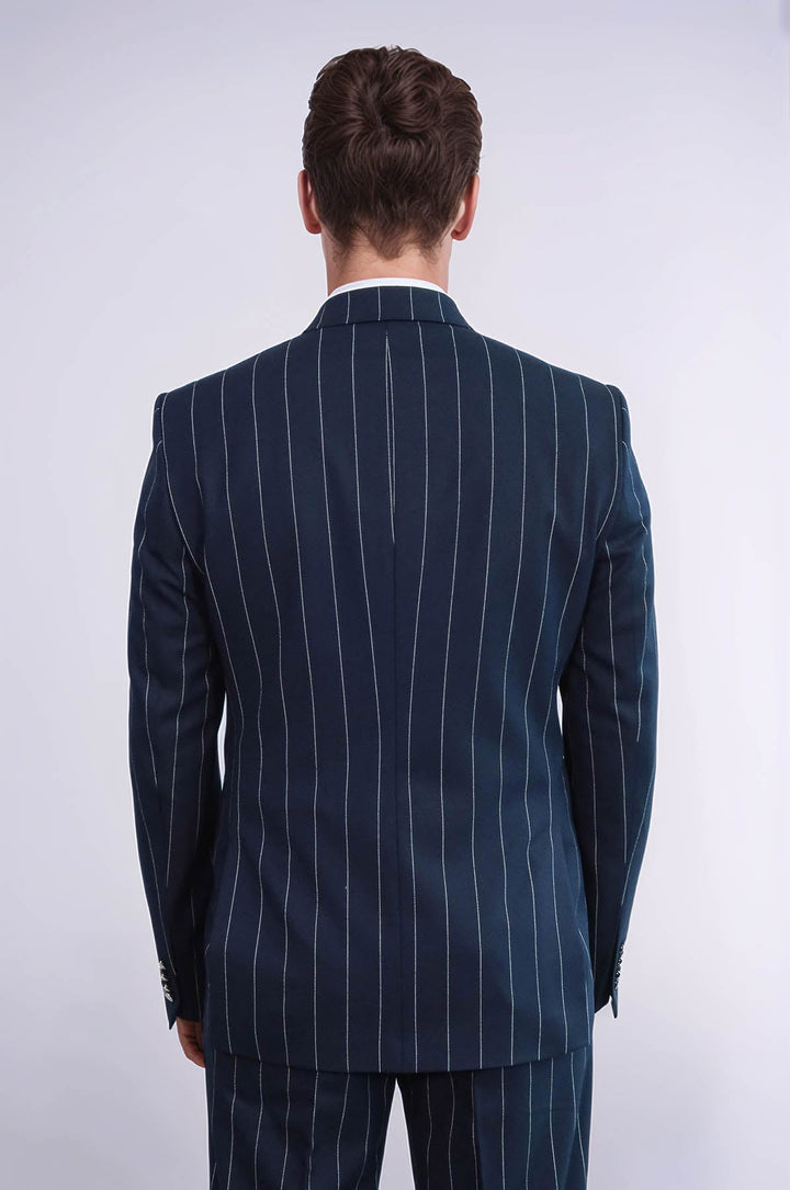 WSS Pinstripe Double Breasted Men’s Navy Blu Suit with Silver Button Details  - Hengelo