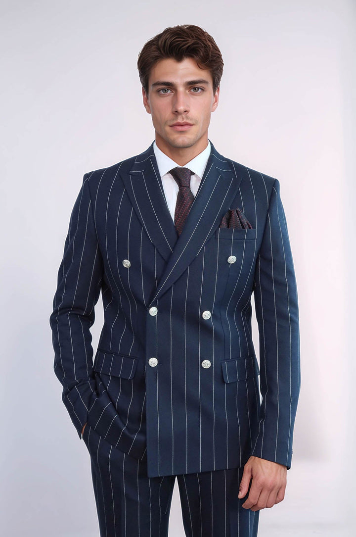 WSS Pinstripe Double Breasted Men’s Navy Blu Suit with Silver Button Details  - Hengelo