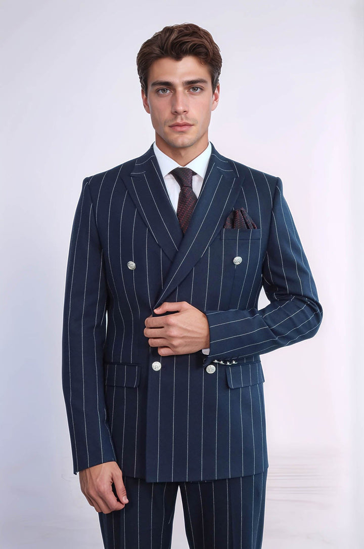 WSS Pinstripe Double Breasted Men’s Navy Blu Suit with Silver Button Details  - Hengelo