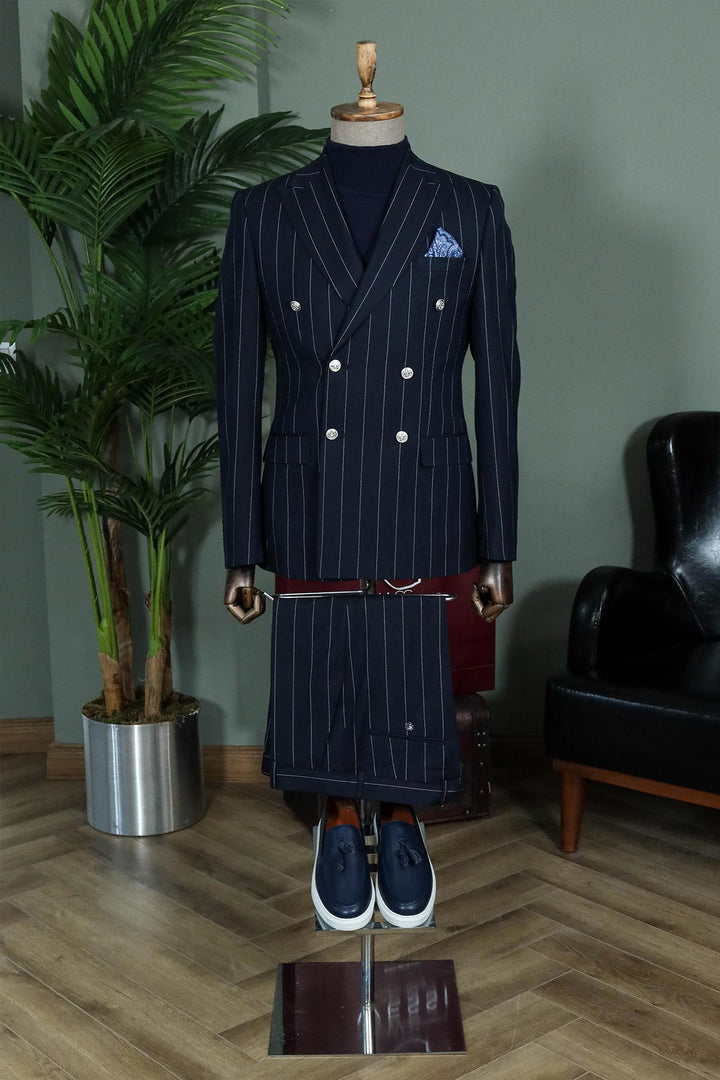 WSS Pinstripe Double Breasted Men’s Navy Blue Suit with Silver Button Details  - Wheeling