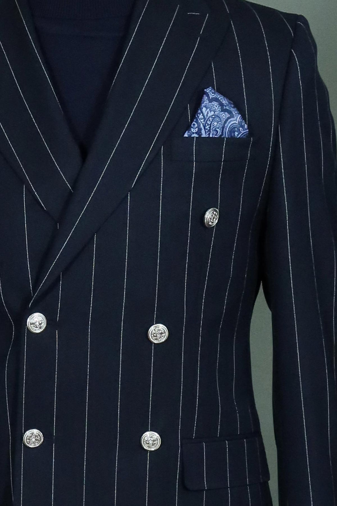 WSS Pinstripe Double Breasted Men’s Navy Blue Suit with Silver Button Details  - Wheeling