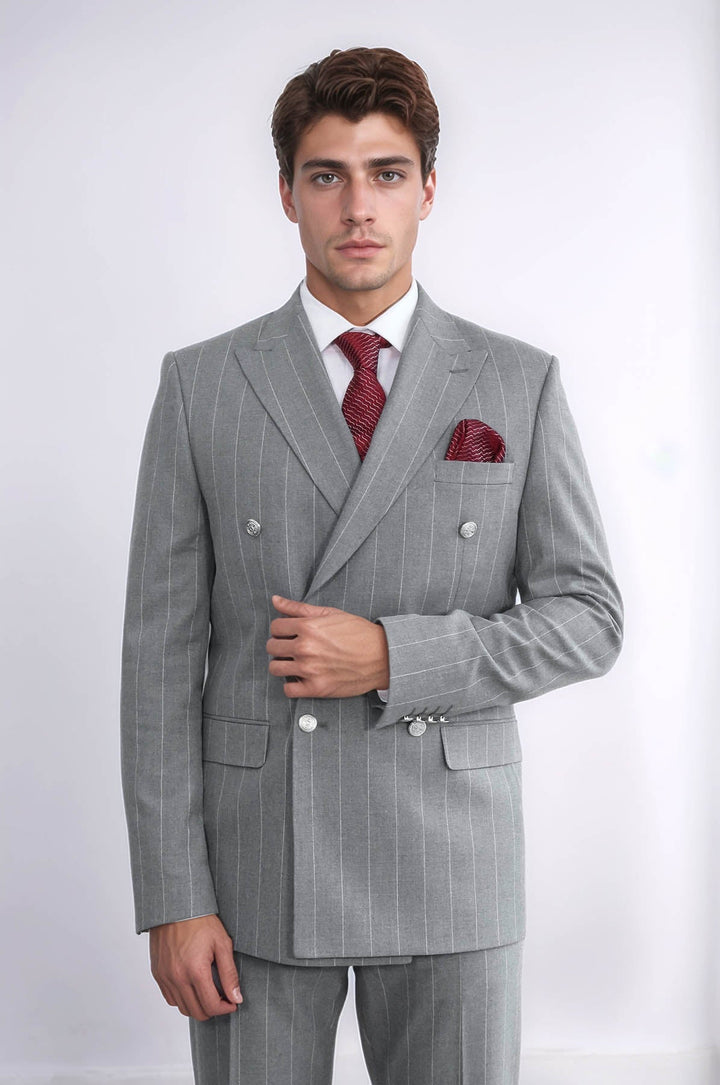 WSS Pinstripe Double Breasted Men’s Grey Suit with Silver Button Details  - Valle de Santiago
