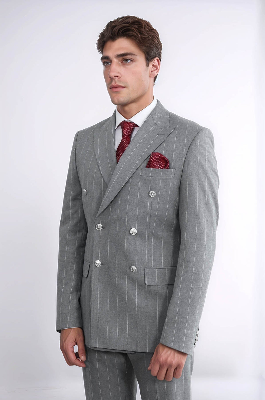 WSS Pinstripe Double Breasted Men’s Grey Suit with Silver Button Details  - Valle de Santiago