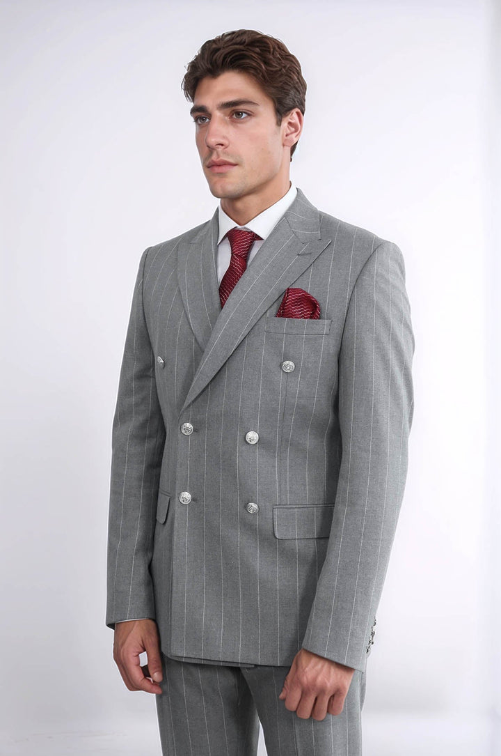 WSS Pinstripe Double Breasted Men’s Grey Suit with Silver Button Details  - Valle de Santiago