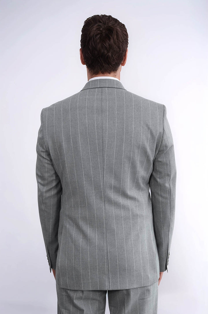 WSS Pinstripe Double Breasted Men’s Grey Suit with Silver Button Details  - Valle de Santiago