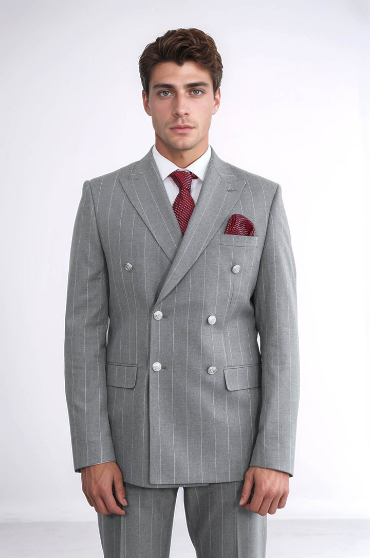 WSS Pinstripe Double Breasted Men’s Grey Suit with Silver Button Details  - Valle de Santiago