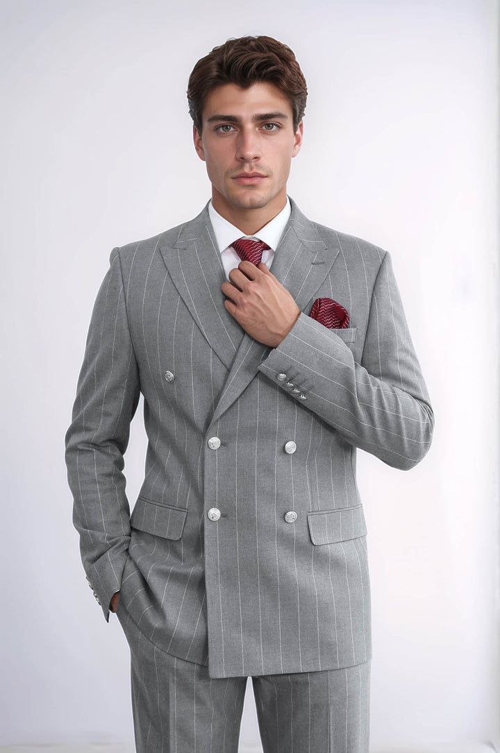 WSS Pinstripe Double Breasted Men’s Grey Suit with Silver Button Details  - Valle de Santiago